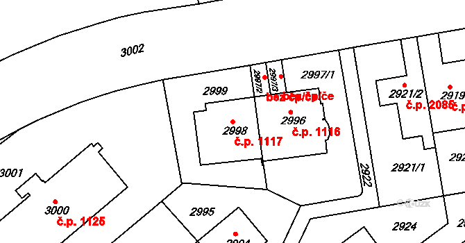 Žabovřesky 1117, Brno na parcele st. 2998 v KÚ Žabovřesky, Katastrální mapa
