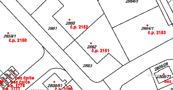 Teplice 2151 na parcele st. 2862 v KÚ Teplice, Katastrální mapa