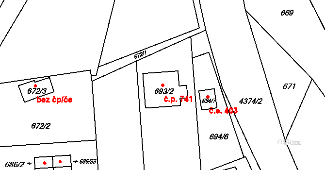 Frýdlant 741, Frýdlant nad Ostravicí na parcele st. 693/2 v KÚ Frýdlant nad Ostravicí, Katastrální mapa