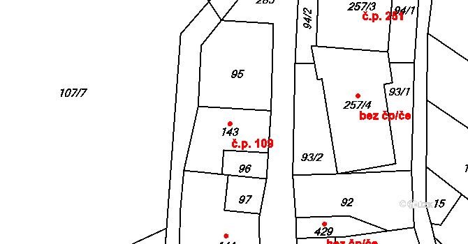 Vidnava 109 na parcele st. 143 v KÚ Vidnava, Katastrální mapa