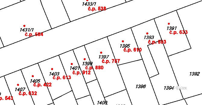 Turnov 757 na parcele st. 1397 v KÚ Turnov, Katastrální mapa
