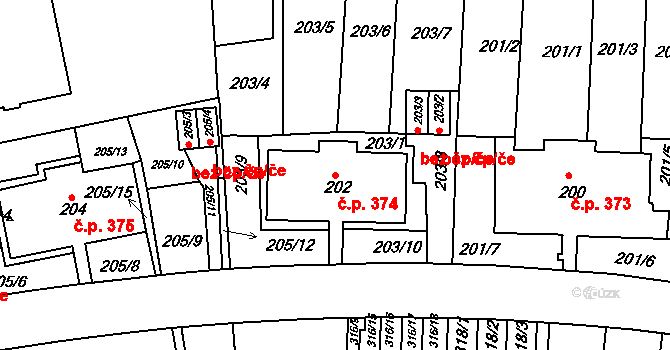 Košíře 374, Praha na parcele st. 202 v KÚ Košíře, Katastrální mapa