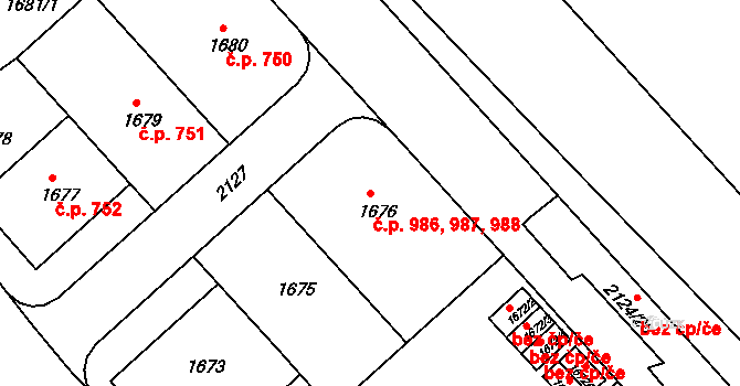Bubeneč 986,987,988, Praha na parcele st. 1676 v KÚ Bubeneč, Katastrální mapa