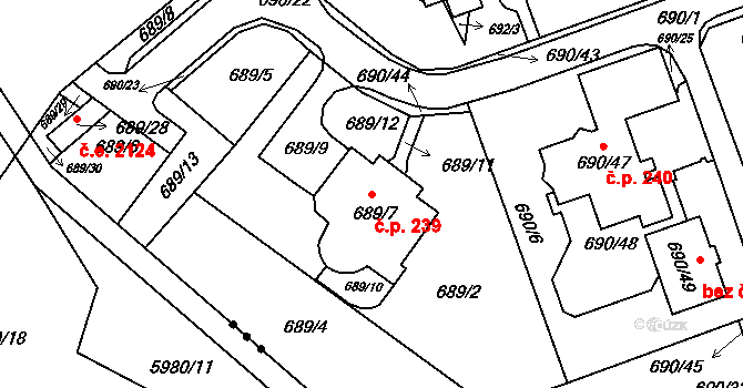 Březenec 239, Jirkov na parcele st. 689/7 v KÚ Březenec, Katastrální mapa