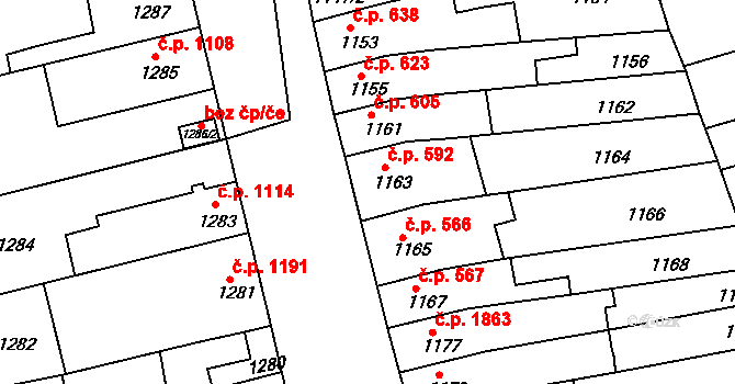 Šlapanice 592 na parcele st. 1163 v KÚ Šlapanice u Brna, Katastrální mapa