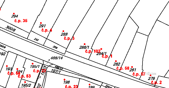 Kanice 102 na parcele st. 286/1 v KÚ Kanice, Katastrální mapa