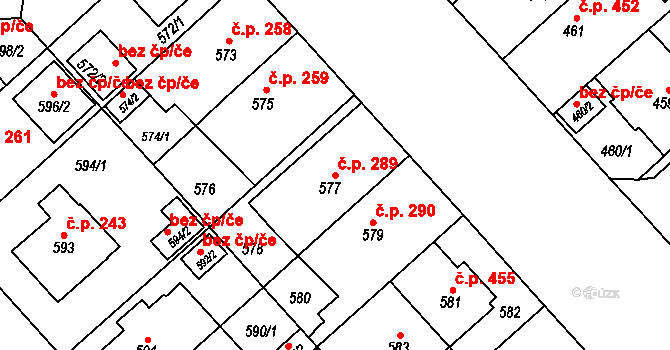 Doubravka 289, Plzeň na parcele st. 577 v KÚ Doubravka, Katastrální mapa