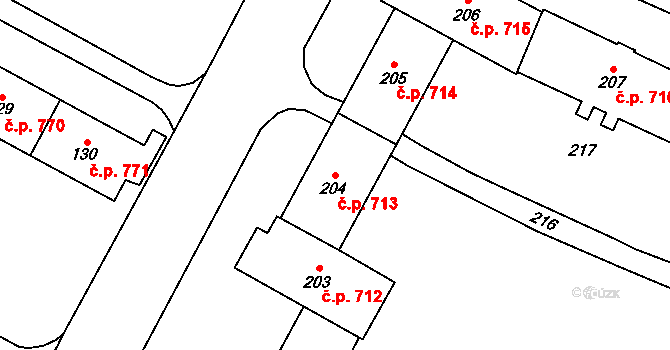 Šumbark 713, Havířov na parcele st. 204 v KÚ Šumbark, Katastrální mapa