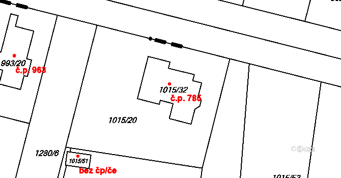 Klánovice 785, Praha na parcele st. 1015/32 v KÚ Klánovice, Katastrální mapa