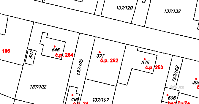 Červené Pečky 252 na parcele st. 373 v KÚ Červené Pečky, Katastrální mapa