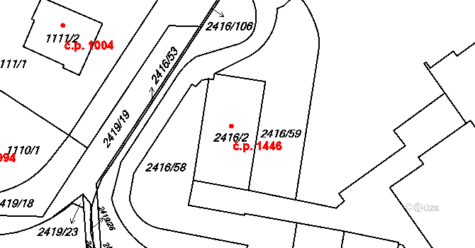 Hostivař 1446, Praha na parcele st. 2416/2 v KÚ Hostivař, Katastrální mapa