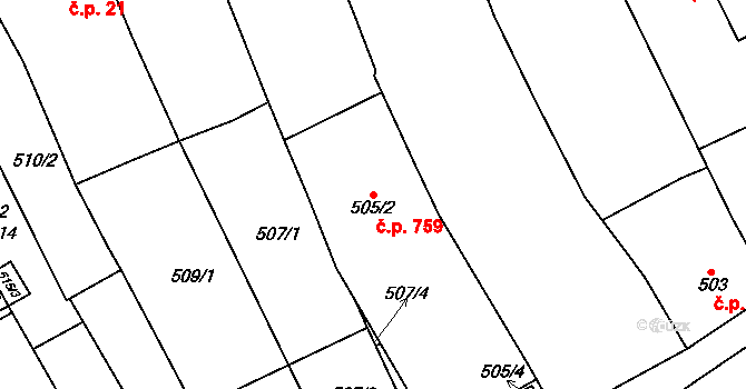 Židlochovice 759 na parcele st. 505/2 v KÚ Židlochovice, Katastrální mapa