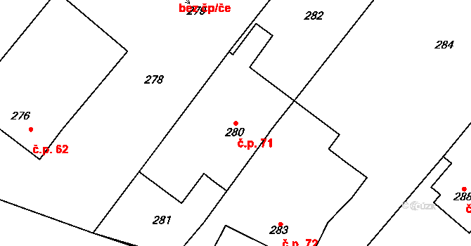Prosetín 71 na parcele st. 280 v KÚ Prosetín u Bystřice nad Pernštejnem, Katastrální mapa