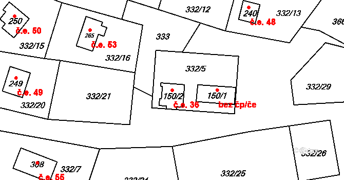 Žďárec 36 na parcele st. 150/2 v KÚ Žďárec, Katastrální mapa