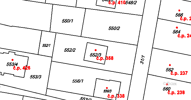 Malé Hoštice 358, Opava na parcele st. 552/3 v KÚ Malé Hoštice, Katastrální mapa