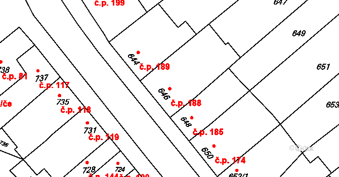 Pustiměřské Prusy 188, Pustiměř na parcele st. 646 v KÚ Pustiměř, Katastrální mapa
