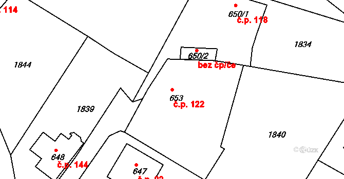 Pila 122, Trhanov na parcele st. 653 v KÚ Trhanov, Katastrální mapa