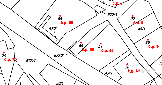 Skomelno 58 na parcele st. 69 v KÚ Skomelno, Katastrální mapa
