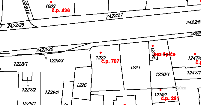 Holice 707 na parcele st. 1222 v KÚ Holice v Čechách, Katastrální mapa