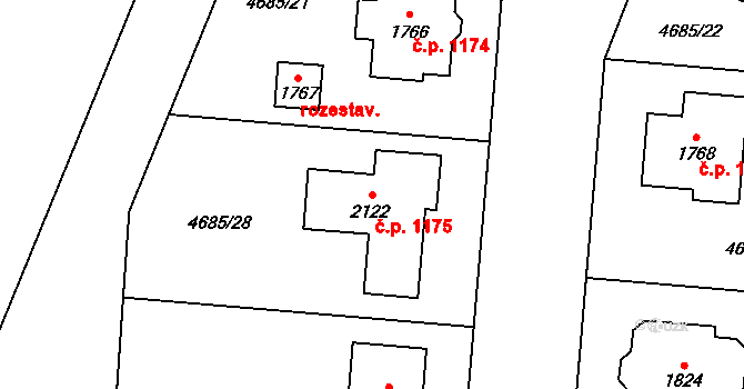 Hrušovany nad Jevišovkou 1175 na parcele st. 2122 v KÚ Hrušovany nad Jevišovkou, Katastrální mapa