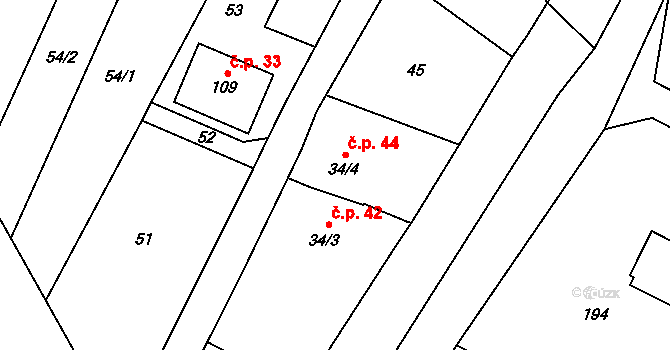 Věžky 44 na parcele st. 34/4 v KÚ Věžky u Přerova, Katastrální mapa