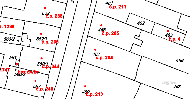 Čelákovice 204 na parcele st. 467 v KÚ Čelákovice, Katastrální mapa