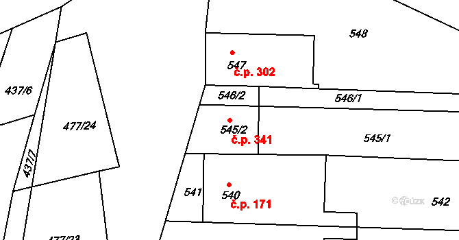 Moutnice 341 na parcele st. 545/2 v KÚ Moutnice, Katastrální mapa