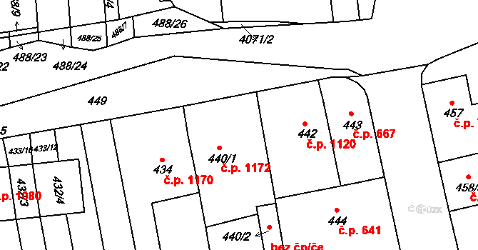Bzenec 1172 na parcele st. 440/1 v KÚ Bzenec, Katastrální mapa