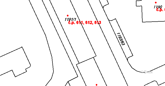 Chropyně 611,612,613 na parcele st. 1191/1 v KÚ Chropyně, Katastrální mapa