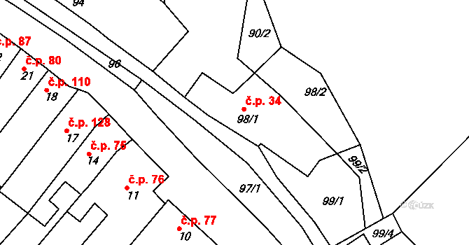 Opatovice 34, Vyškov na parcele st. 98/1 v KÚ Opatovice u Vyškova, Katastrální mapa