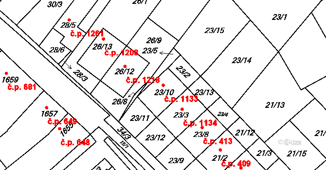 Rousínov 1133 na parcele st. 23/10 v KÚ Rousínov u Vyškova, Katastrální mapa