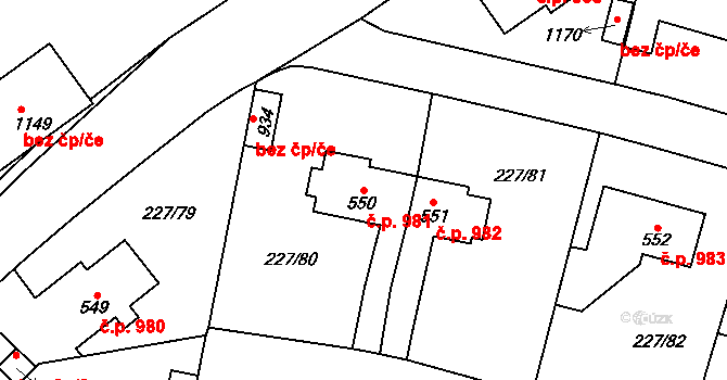 Švermov 981, Kladno na parcele st. 550 v KÚ Hnidousy, Katastrální mapa