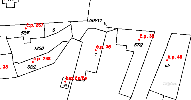 Tetín 36 na parcele st. 1 v KÚ Tetín u Berouna, Katastrální mapa