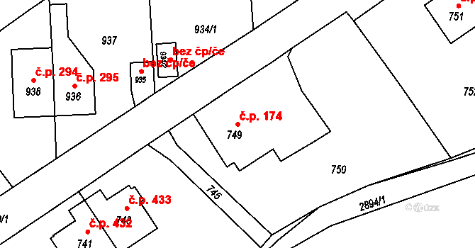 Mariánské Údolí 174, Hlubočky na parcele st. 749 v KÚ Hlubočky, Katastrální mapa