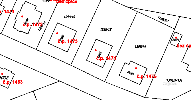 Rožnov pod Radhoštěm 1474 na parcele st. 2086 v KÚ Rožnov pod Radhoštěm, Katastrální mapa