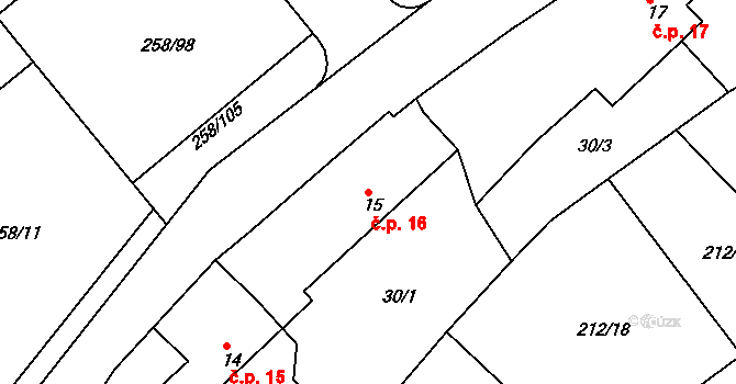 Libošovice 16 na parcele st. 15 v KÚ Libošovice, Katastrální mapa
