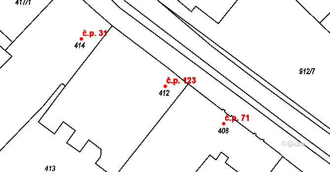 Milovice 123 na parcele st. 412 v KÚ Milovice nad Labem, Katastrální mapa