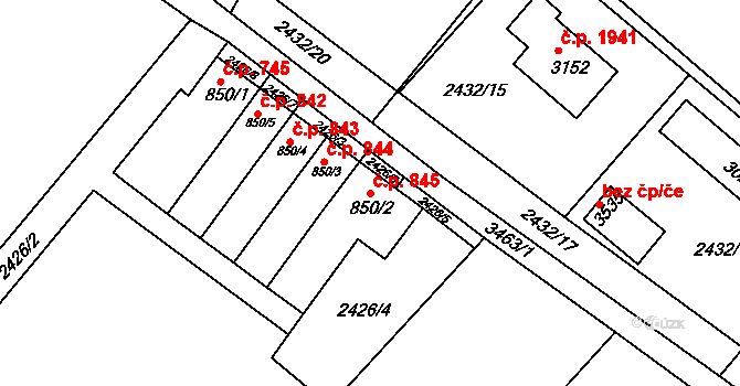 Lysá nad Labem 845 na parcele st. 850/2 v KÚ Lysá nad Labem, Katastrální mapa