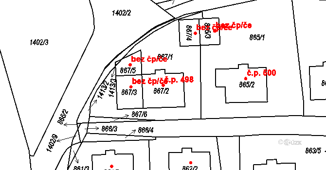 Proboštov 498 na parcele st. 867/2 v KÚ Proboštov u Teplic, Katastrální mapa