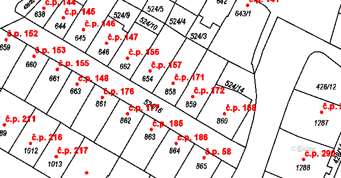 Stařečka 171, Třebíč na parcele st. 858 v KÚ Třebíč, Katastrální mapa