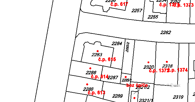 Černá Pole 615, Brno na parcele st. 2283 v KÚ Černá Pole, Katastrální mapa