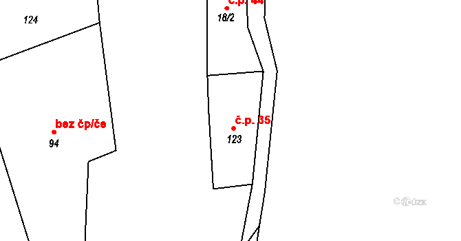 Dobronice u Bechyně 35 na parcele st. 123 v KÚ Dobronice u Bechyně, Katastrální mapa