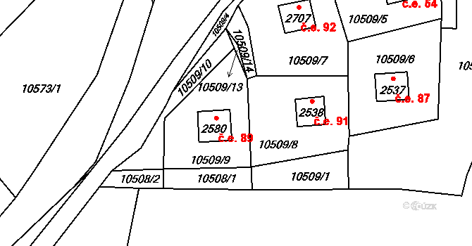 Nový Hrozenkov 89 na parcele st. 2580 v KÚ Nový Hrozenkov, Katastrální mapa