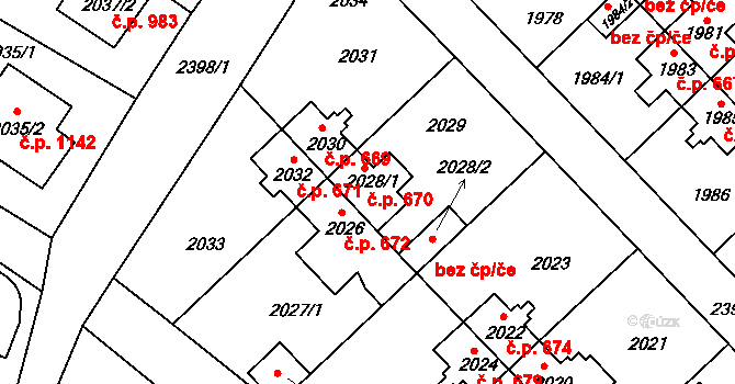 Suchdol 670, Praha na parcele st. 2028/1 v KÚ Suchdol, Katastrální mapa