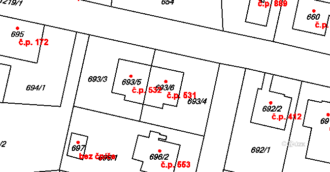 Nebušice 531, Praha na parcele st. 693/6 v KÚ Nebušice, Katastrální mapa