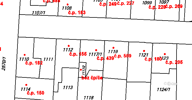 Hloubětín 439, Praha na parcele st. 1117/1 v KÚ Hloubětín, Katastrální mapa