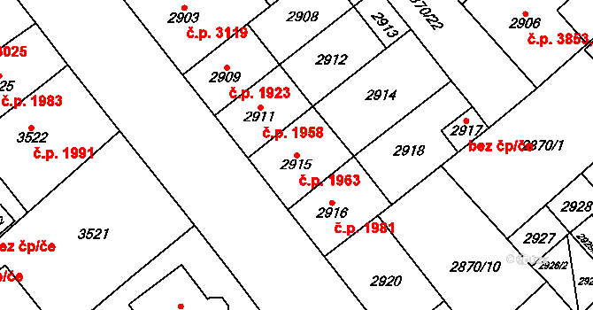 Chomutov 1963 na parcele st. 2915 v KÚ Chomutov I, Katastrální mapa