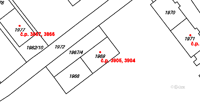 Chomutov 3904,3905 na parcele st. 1968 v KÚ Chomutov I, Katastrální mapa