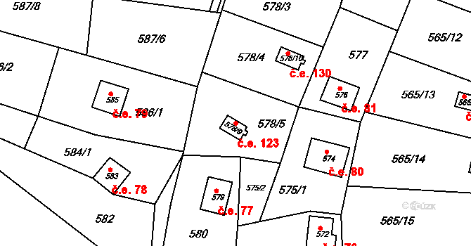 Kanice 123 na parcele st. 578/9 v KÚ Kanice, Katastrální mapa