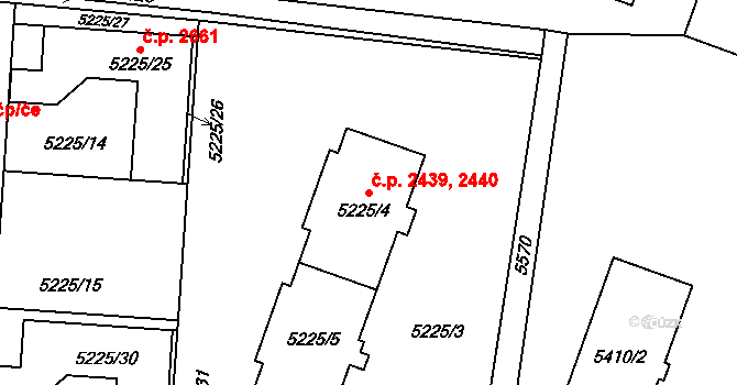 Východní Předměstí 2439,2440, Plzeň na parcele st. 5225/4 v KÚ Plzeň, Katastrální mapa